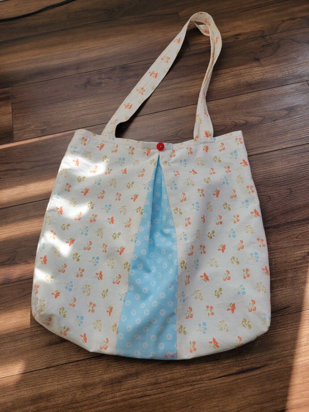 NEW handmade tote/market bag pleated contrasting fabric lined; blue orange flora - Picture 6 of 9